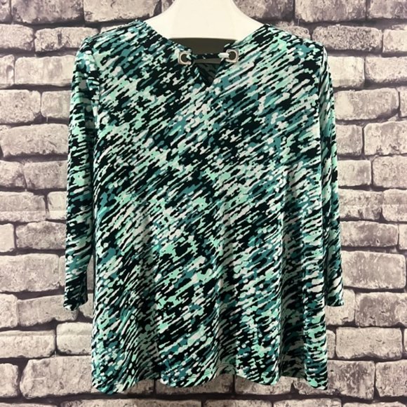 Chico's Tops - Chico's Easywear Green & White Blouse Size L